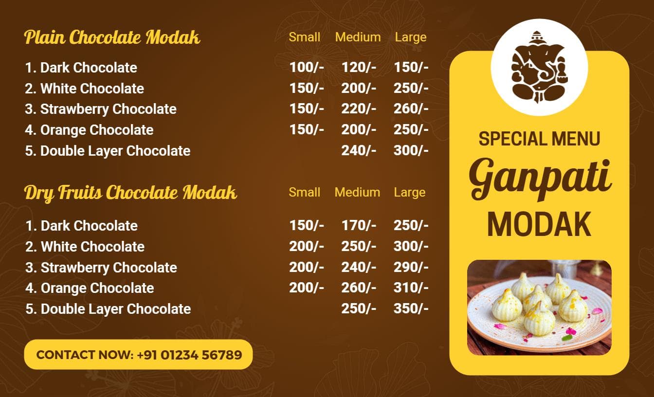 Delicious Ganapati Modak Varieties in Chocolate Flavors Indian Cuisine Menu Template