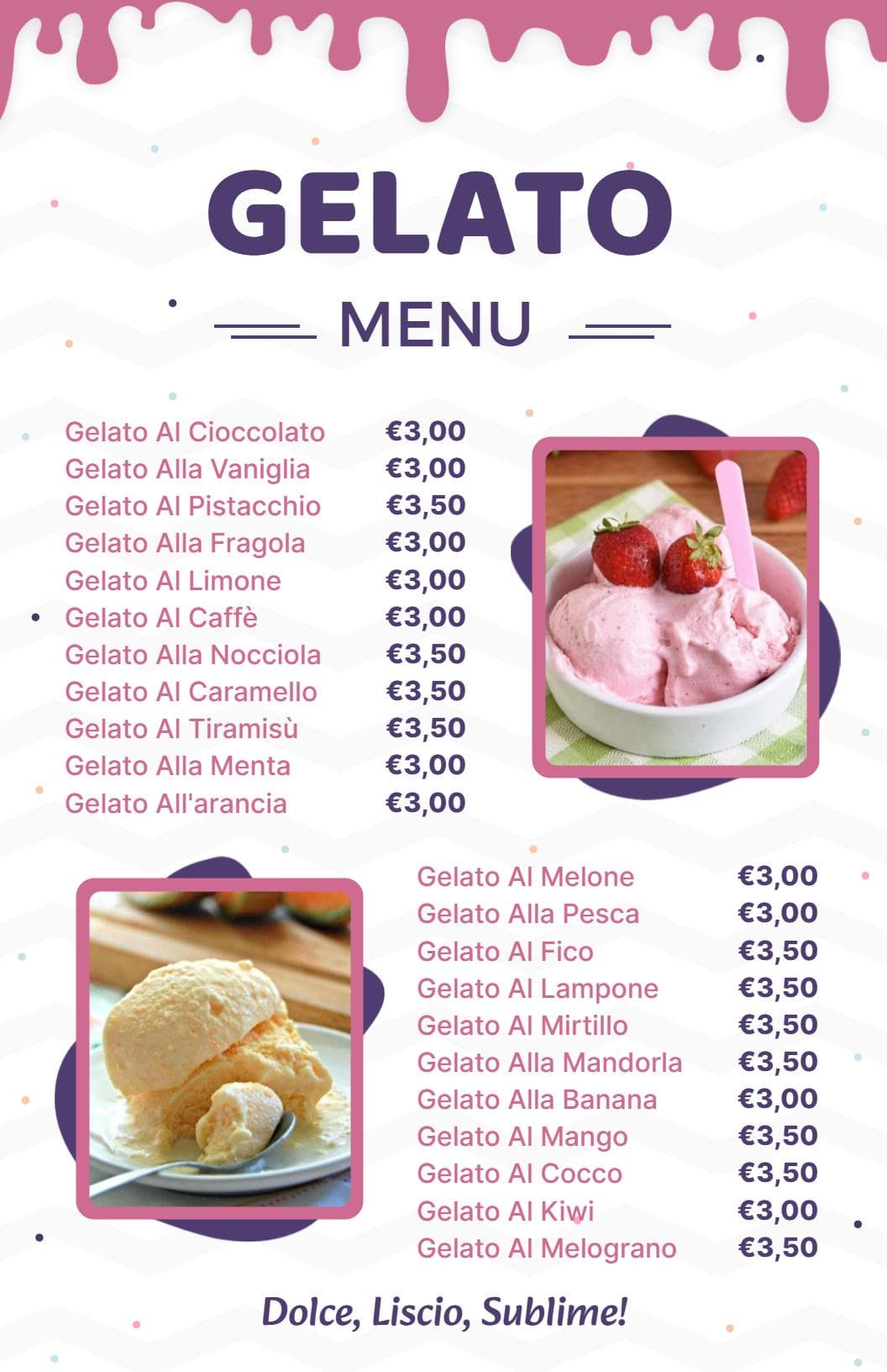 Delicious Gelato Varieties with Classic and Unique Flavors Ice Cream Menu Template