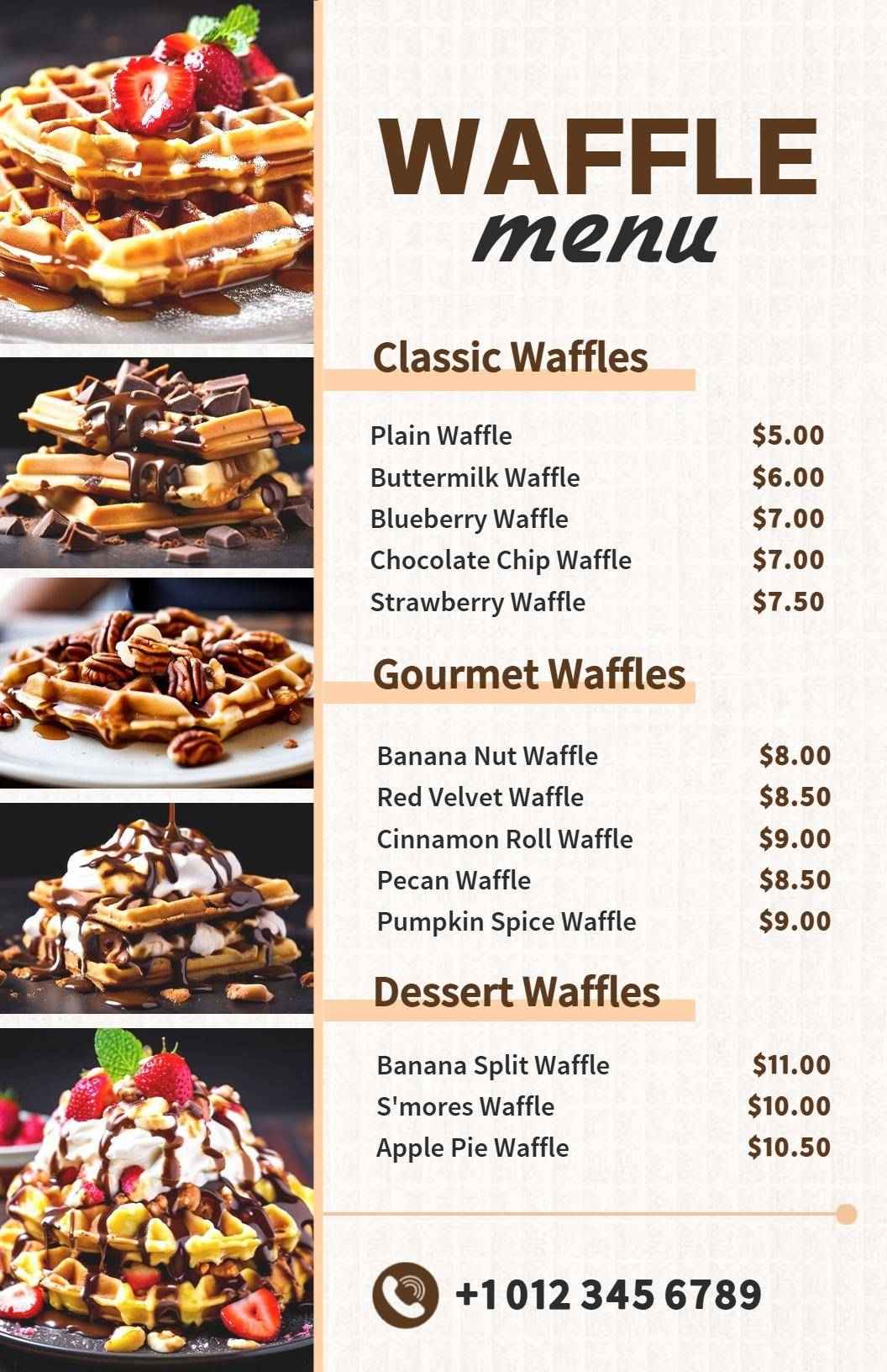 Delicious Gourmet and Classic Sweet Selections Waffle Menu Template