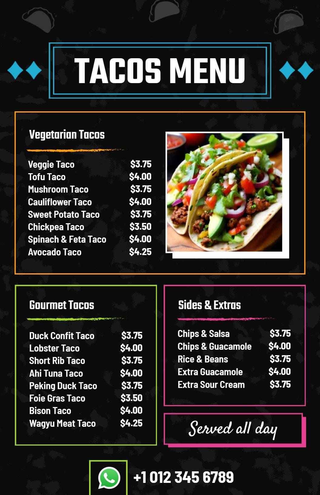 Delicious Gourmet and Vegetarian Taco Selections Tacos Menu Template