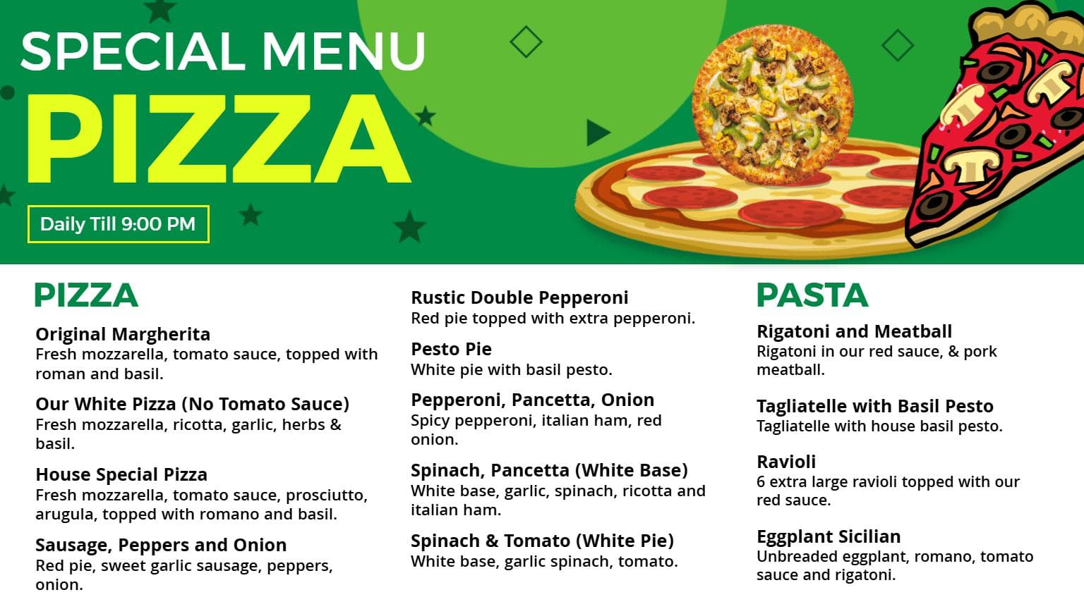 Delicious Gourmet Pizza Selections with Fresh Ingredients Pizza Menu Template