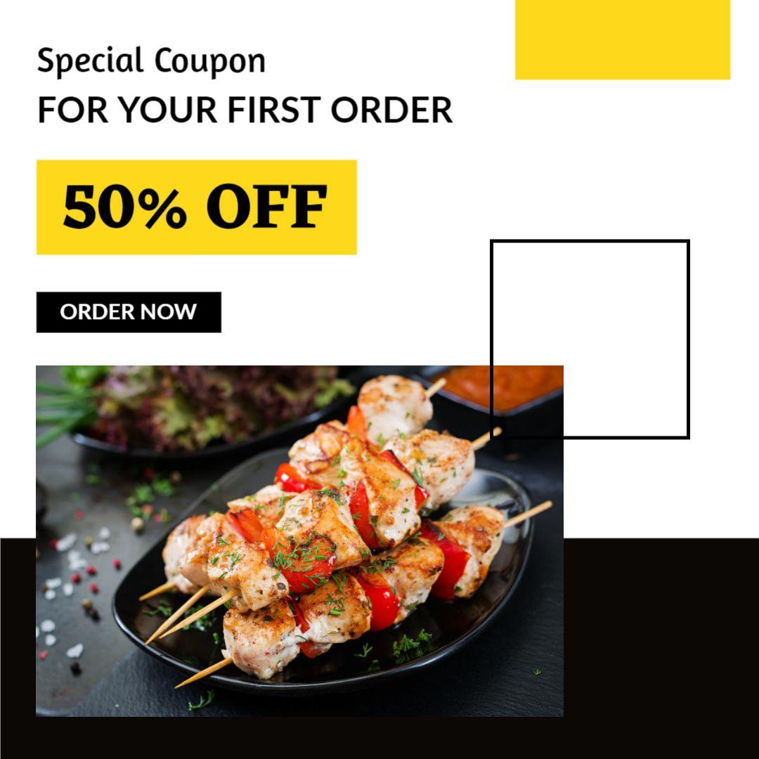 Delicious Grilled Chicken Skewers with 50% Off Coupon Ad Template