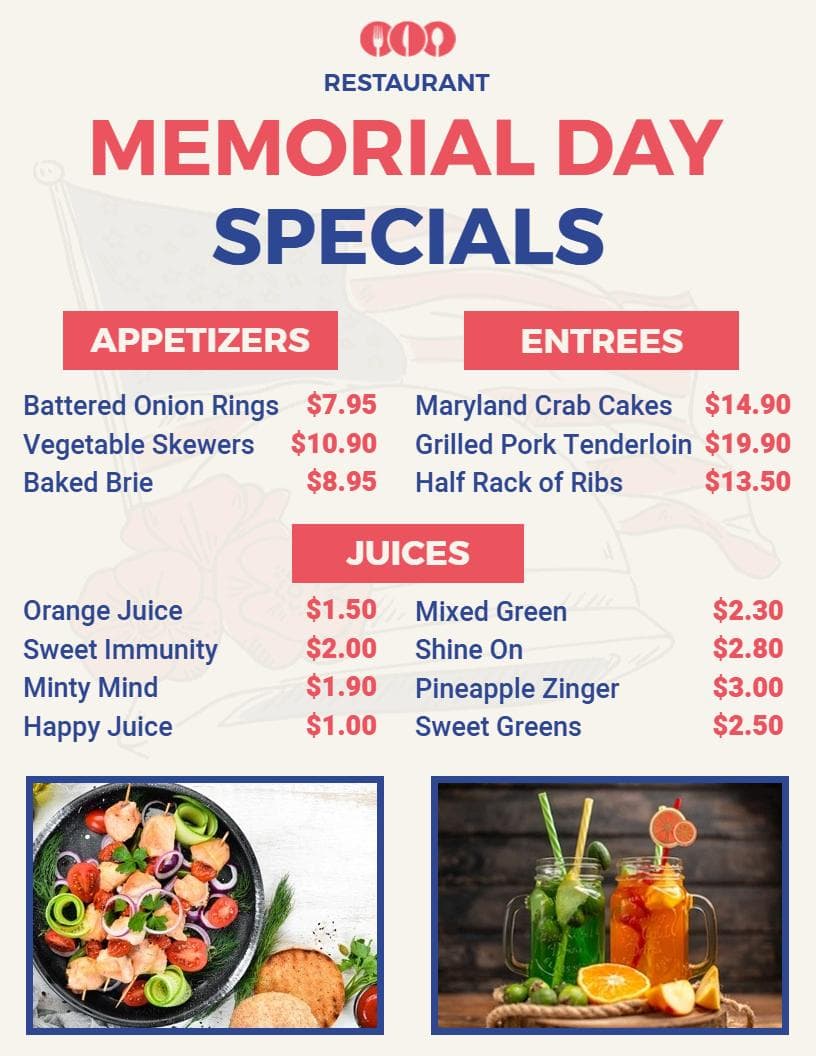 Delicious Grilled Entrees and Refreshing Juices Memorial Day Menu Template