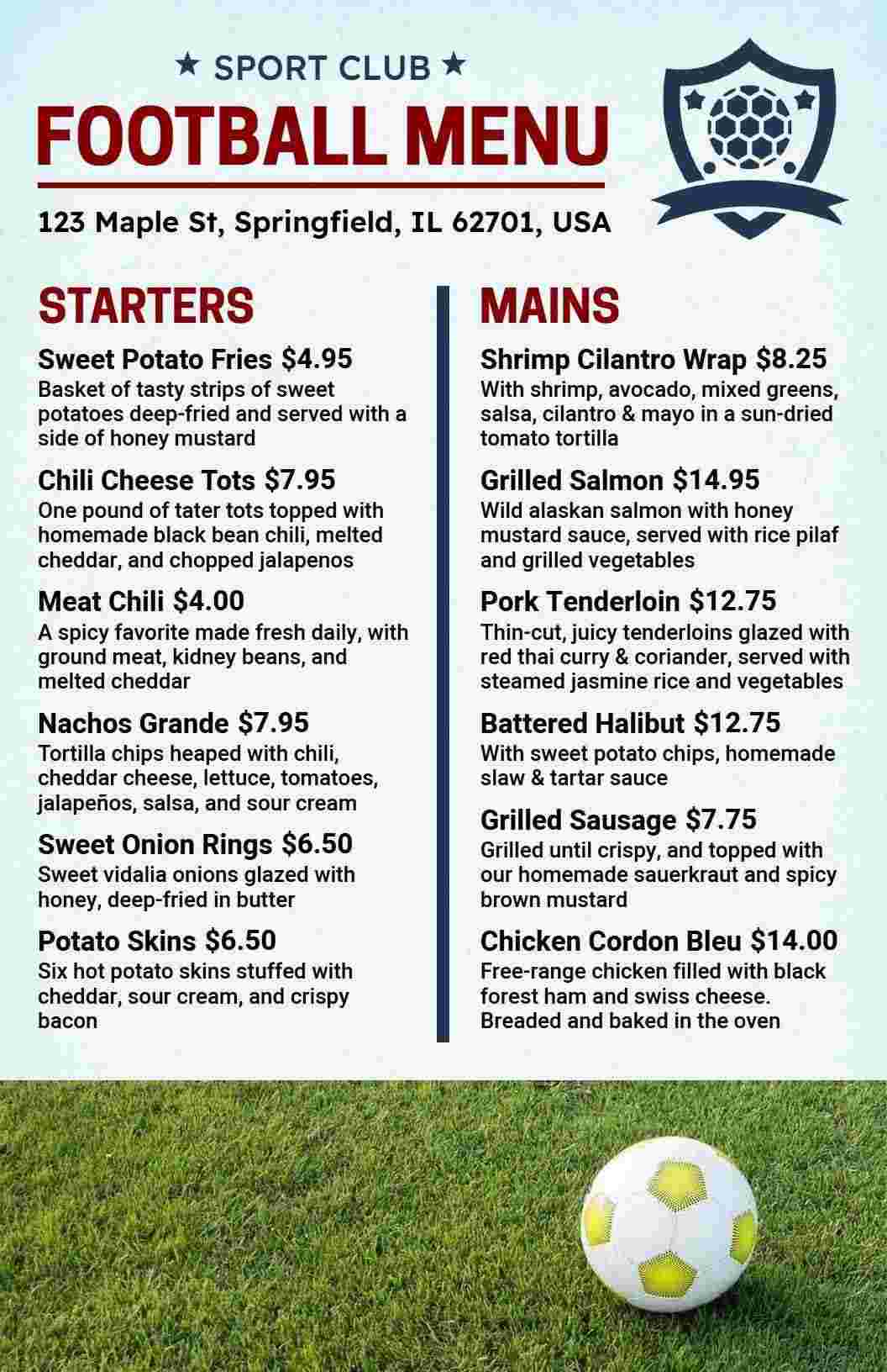Delicious Grilled Options and Hearty Favorites Football Menu Template