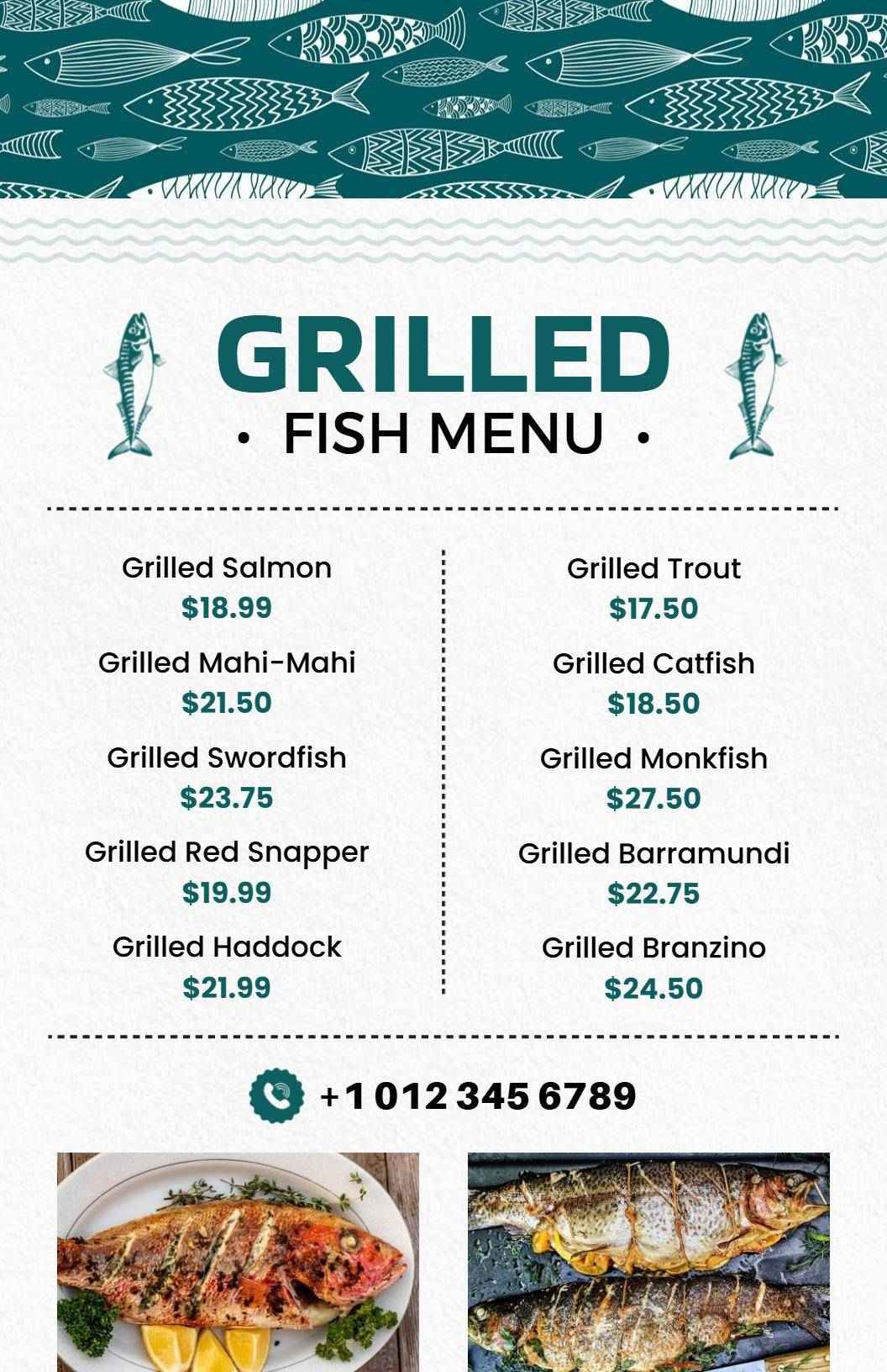 Delicious Grilled Seafood Delights Featuring Fresh Fish Menu Template