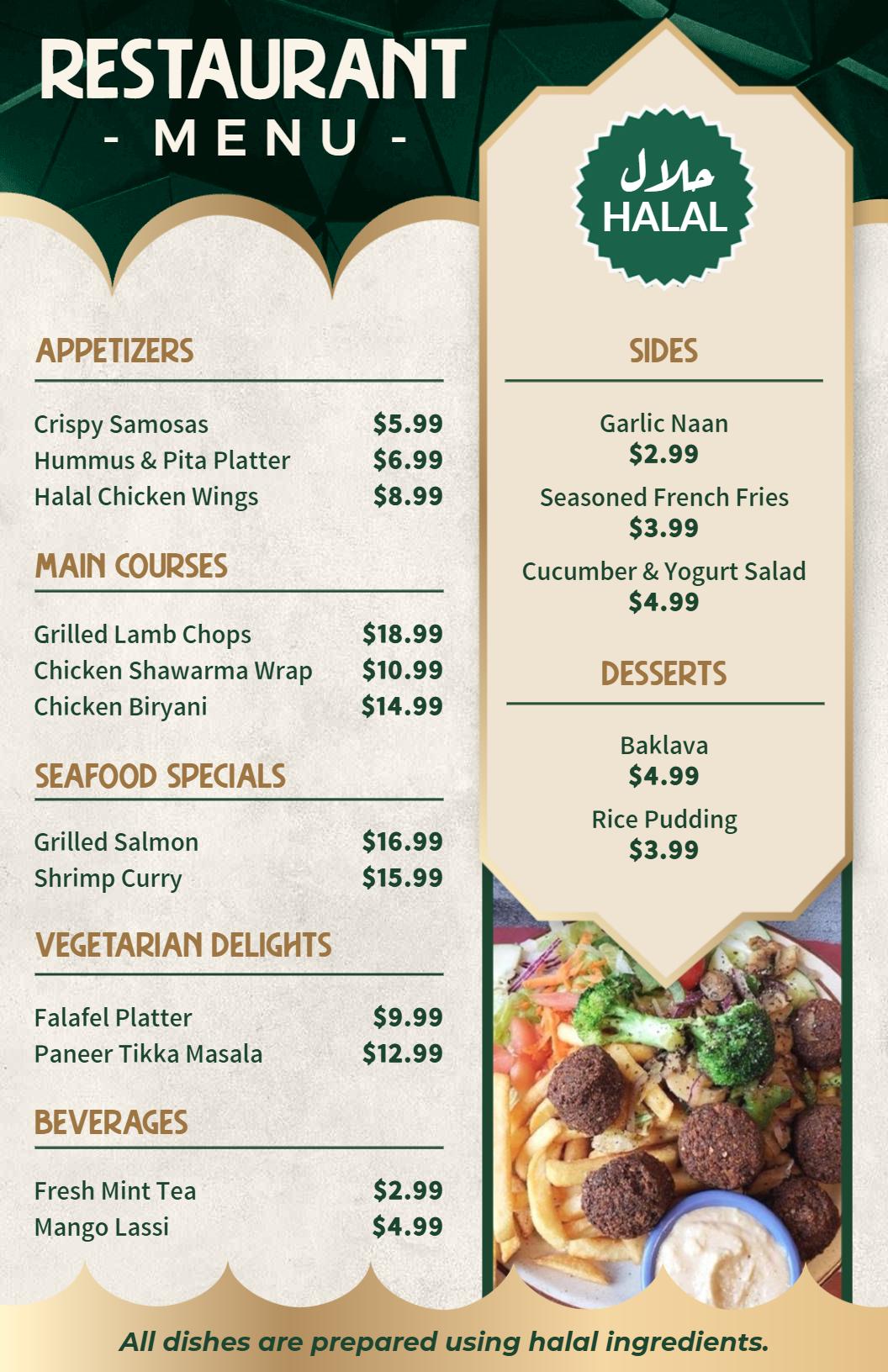 Delicious Halal Dishes and Appetizers Selection Restaurant Menu Template