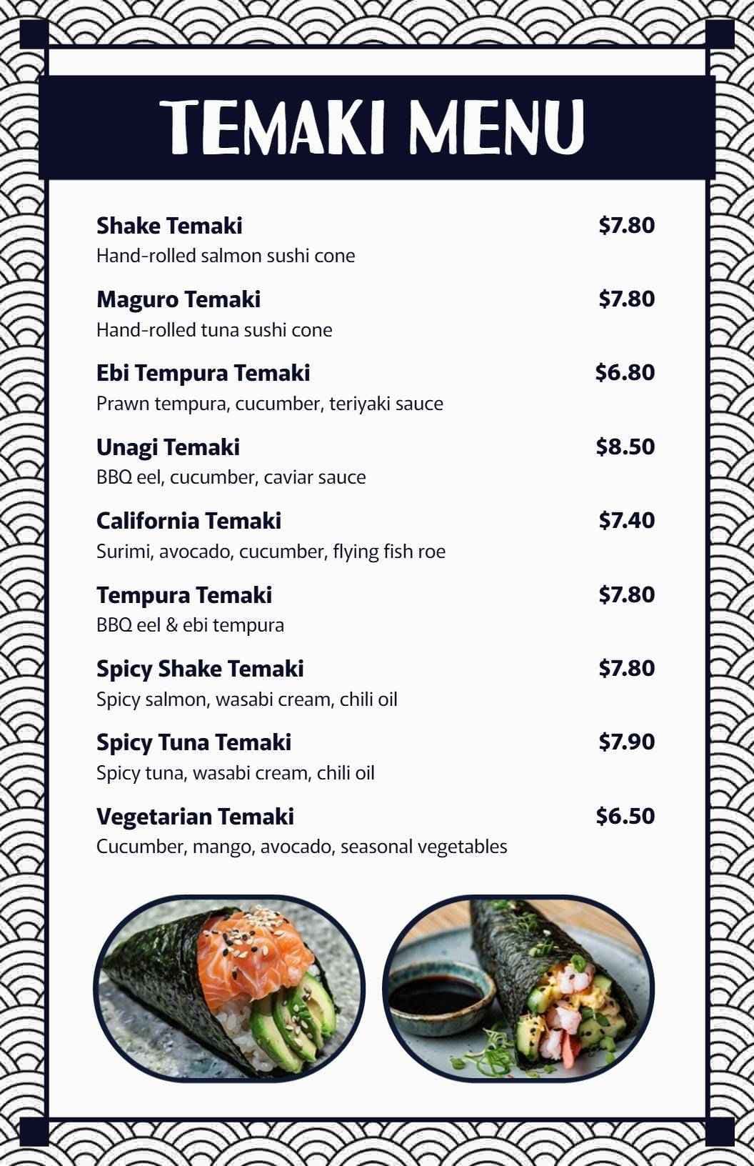 Delicious Hand-Rolled Temaki Varieties and Flavors Sushi Menu Template
