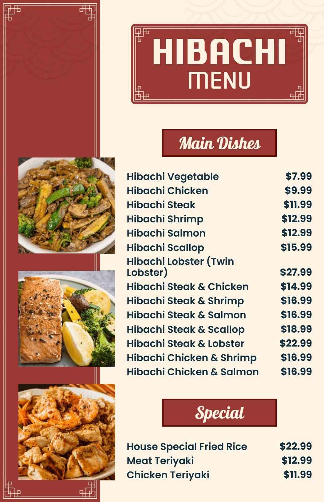 Delicious Hibachi Selections with Chicken and Seafood Food Menu Template