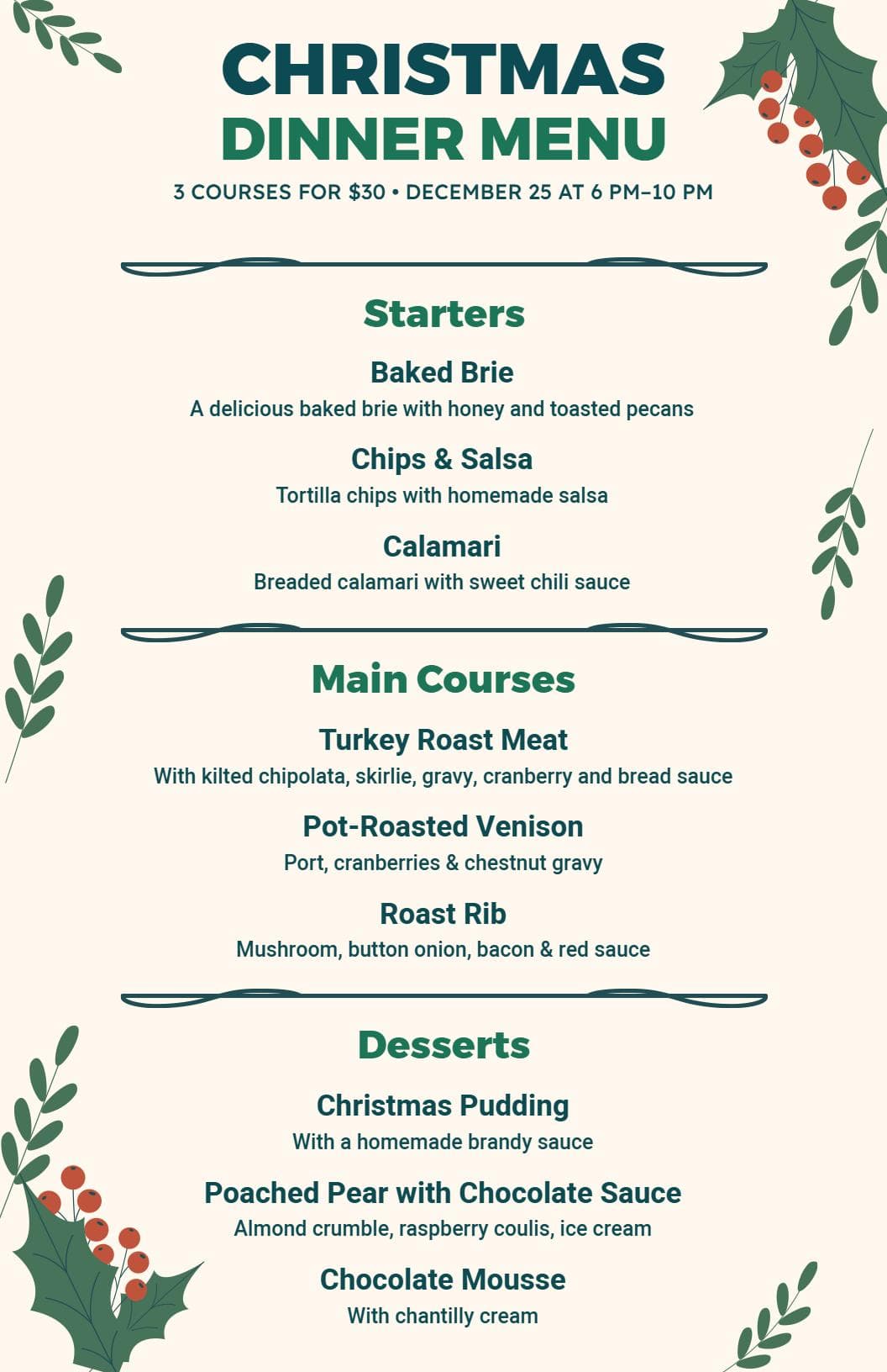 Delicious Holiday Roasts and Gourmet Desserts Christmas Menu Template