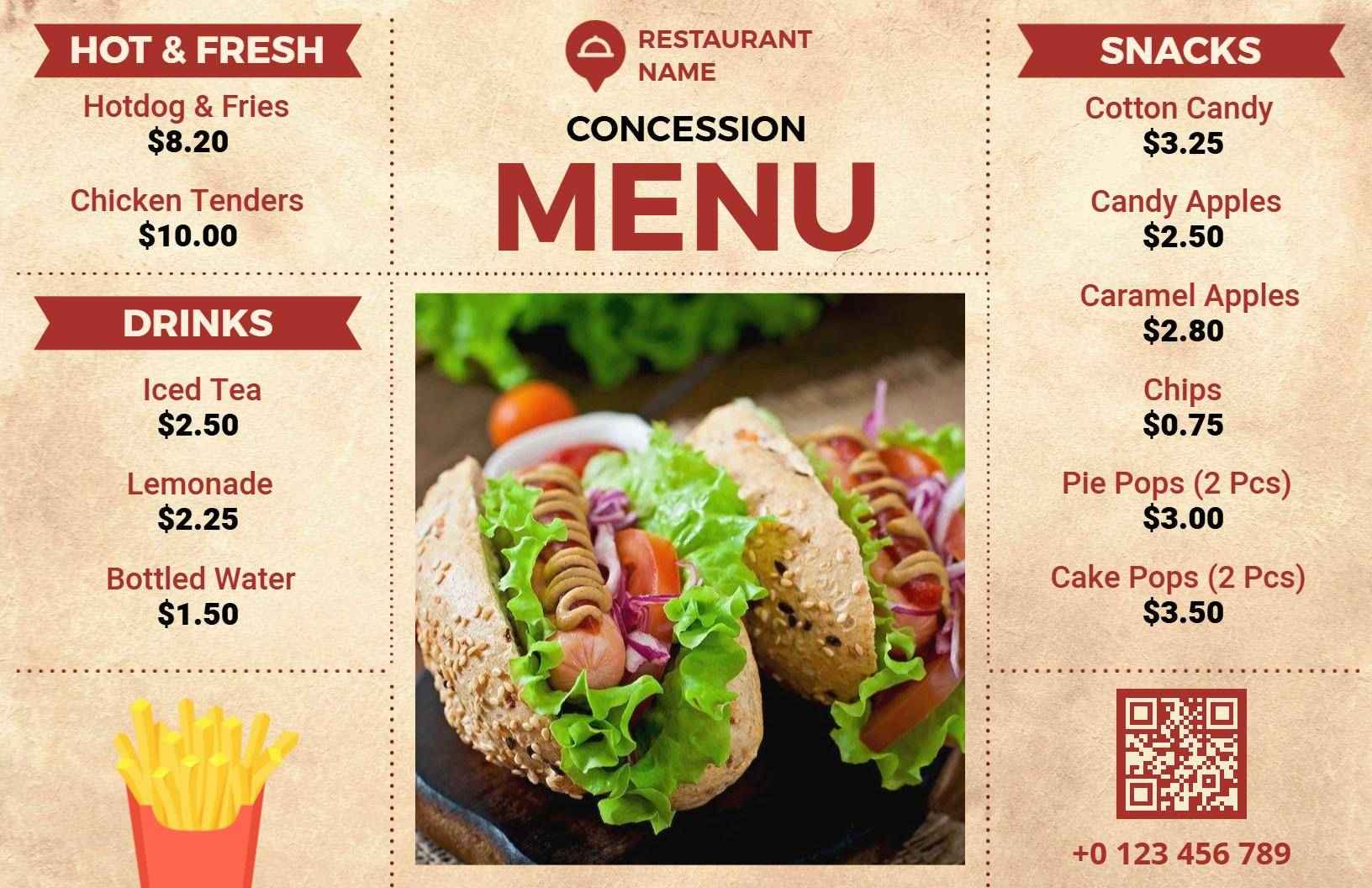 Delicious Hot Dogs, Fries, and Tasty Snacks Concession Menu Template