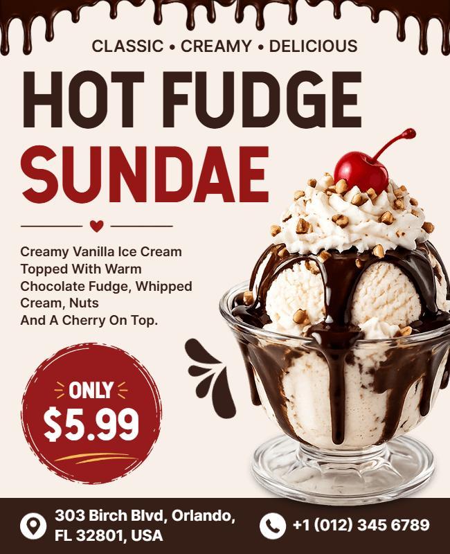 Delicious Hot Fudge Sundae Dessert Flyer Template