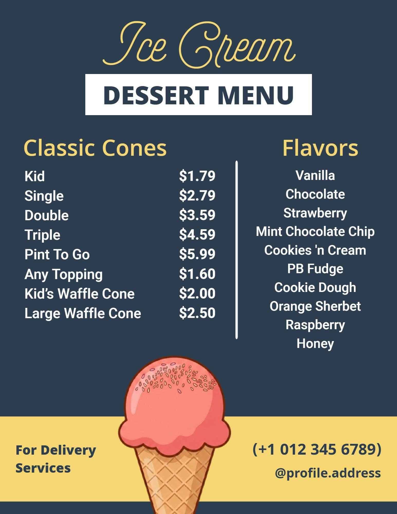 Delicious Ice Cream Cone Varieties and Flavor Selections Dessert Menu Template