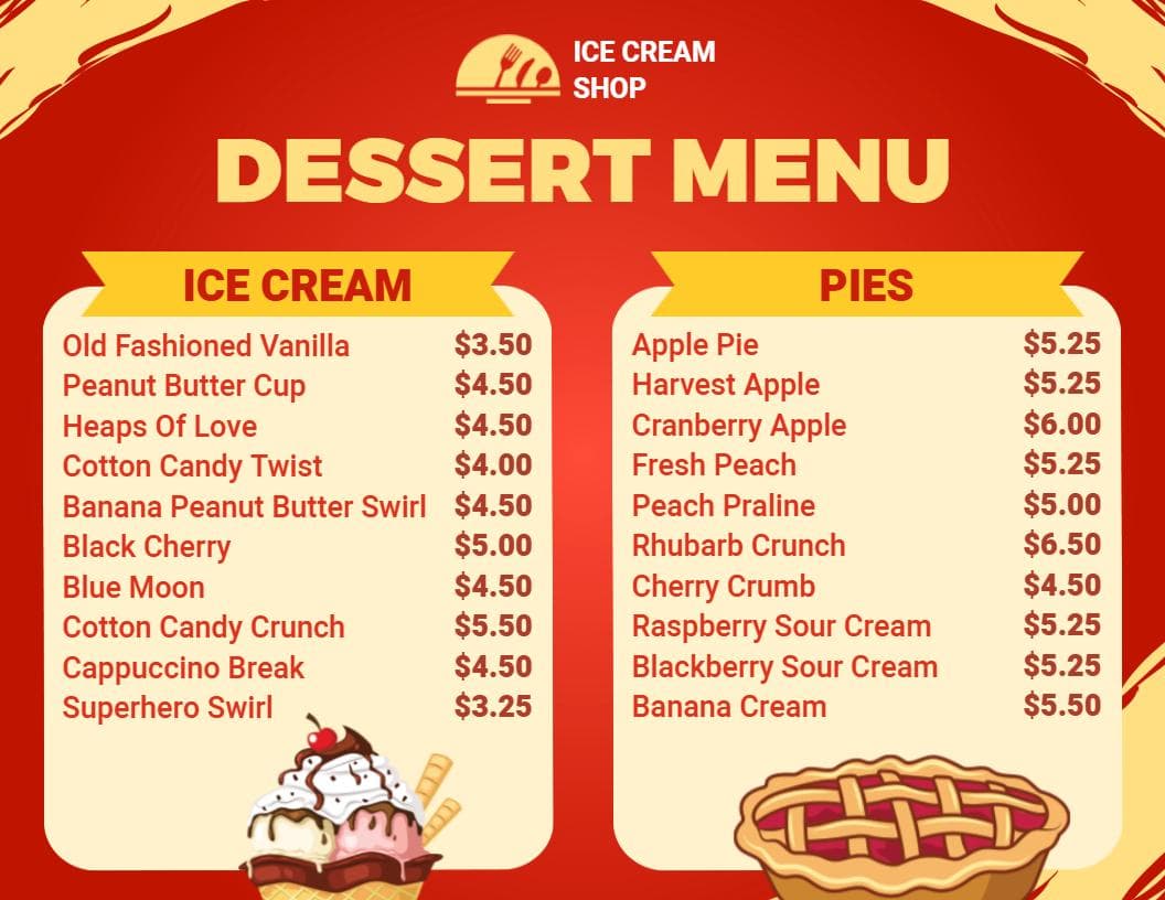 Delicious Ice Cream Flavors and Classic Pie Selections Dessert Menu Template