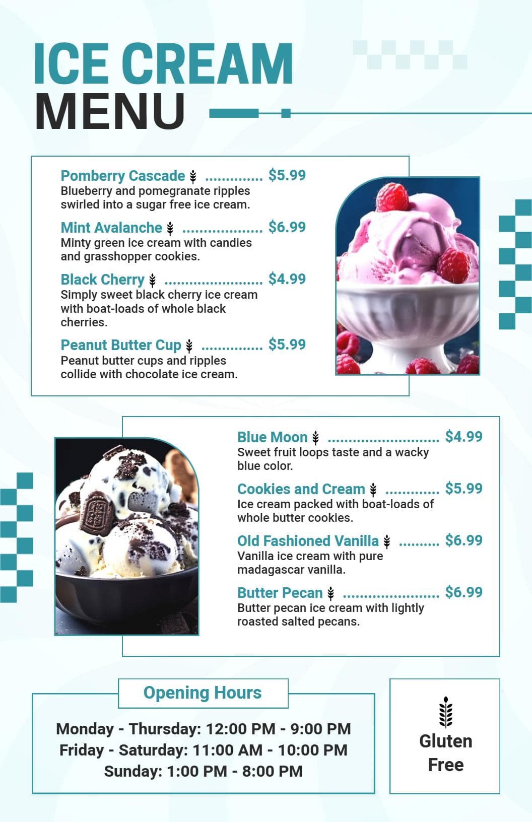 Delicious Ice Cream Flavors and Toppings Selection Ice Cream Menu Template