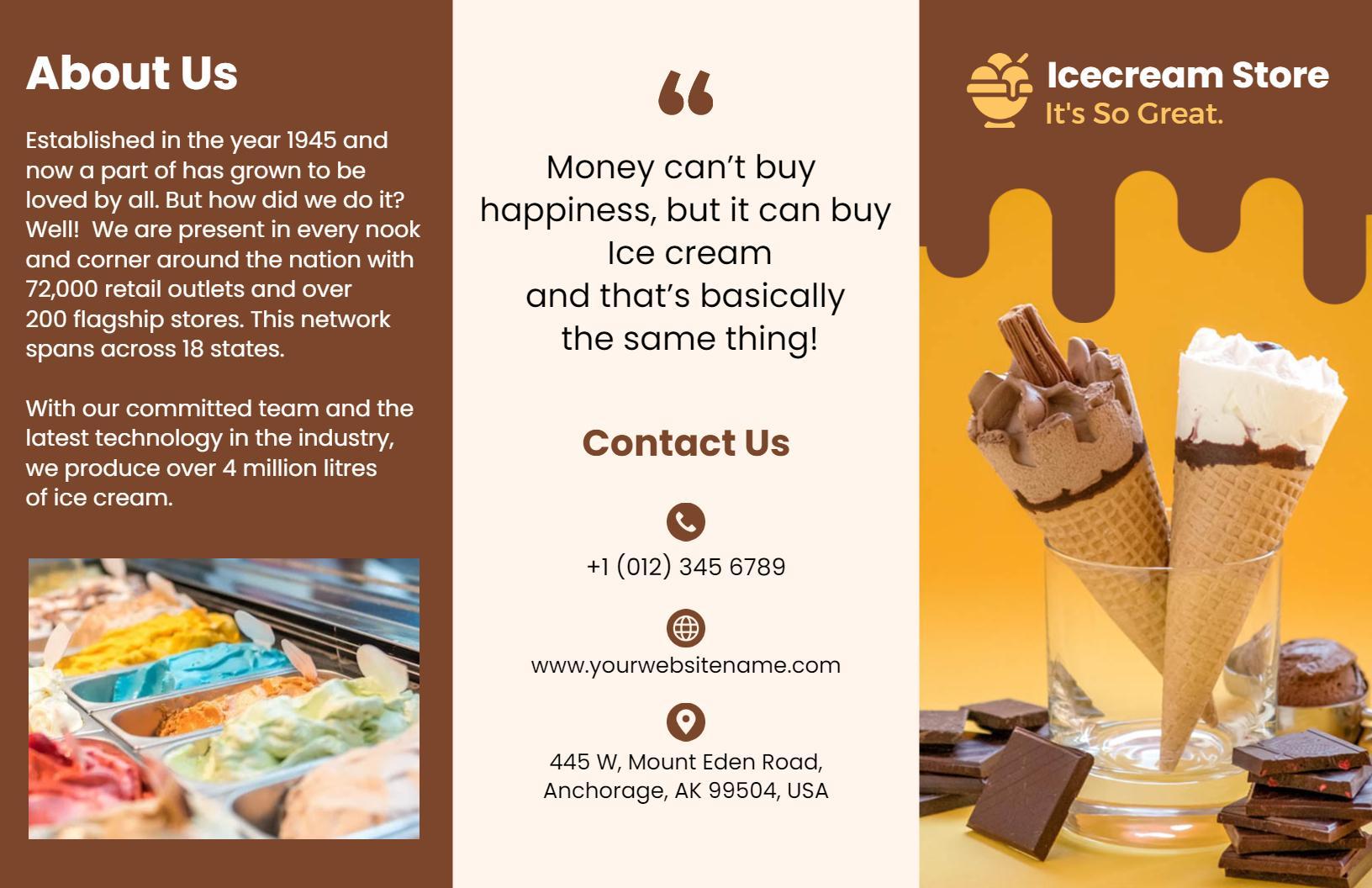 Delicious Ice Cream Store Flavors and Contact Info Brochure Template