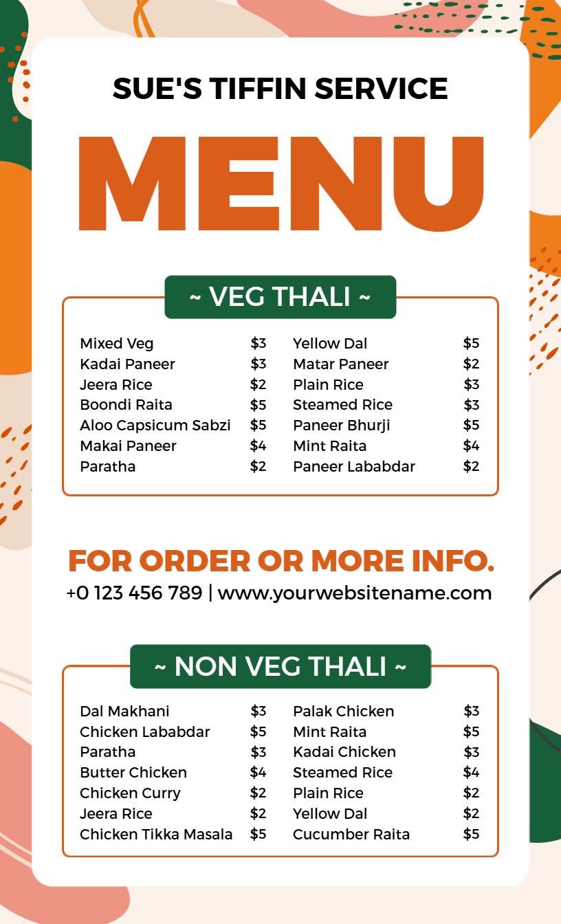 Delicious Indian Veg and Non-Veg Thali Options Tiffin Menu Template