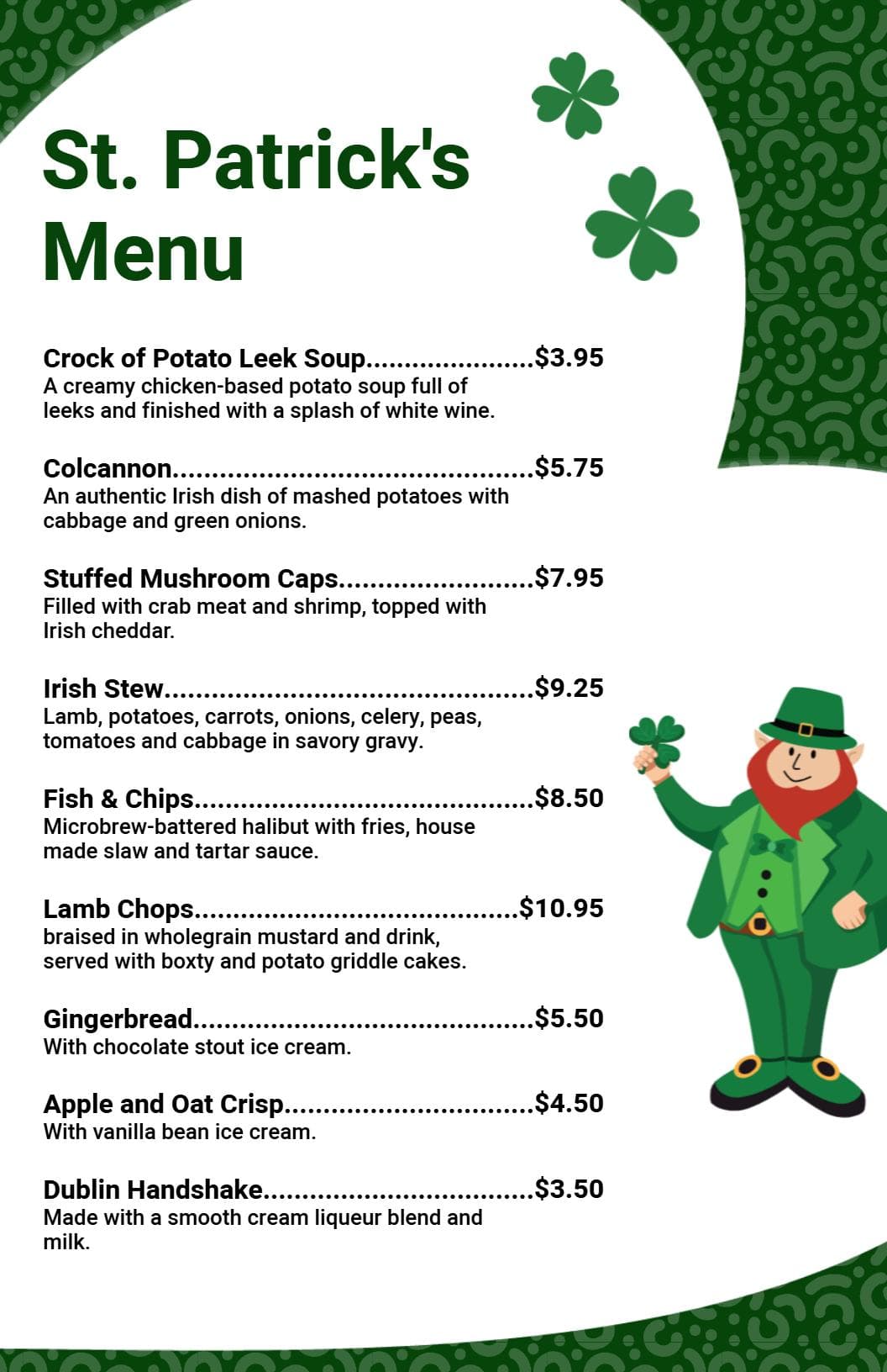 Delicious Irish Comfort Dishes for St. Patrick's Day Menu Template