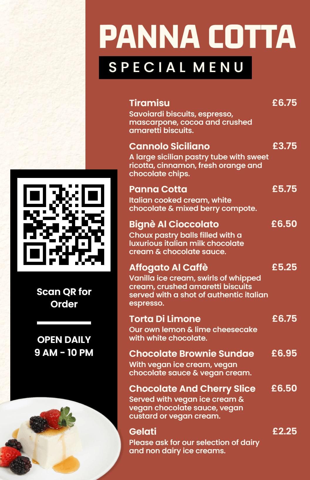 Delicious Italian Desserts with Tiramisu and Panna Cotta Menu Template