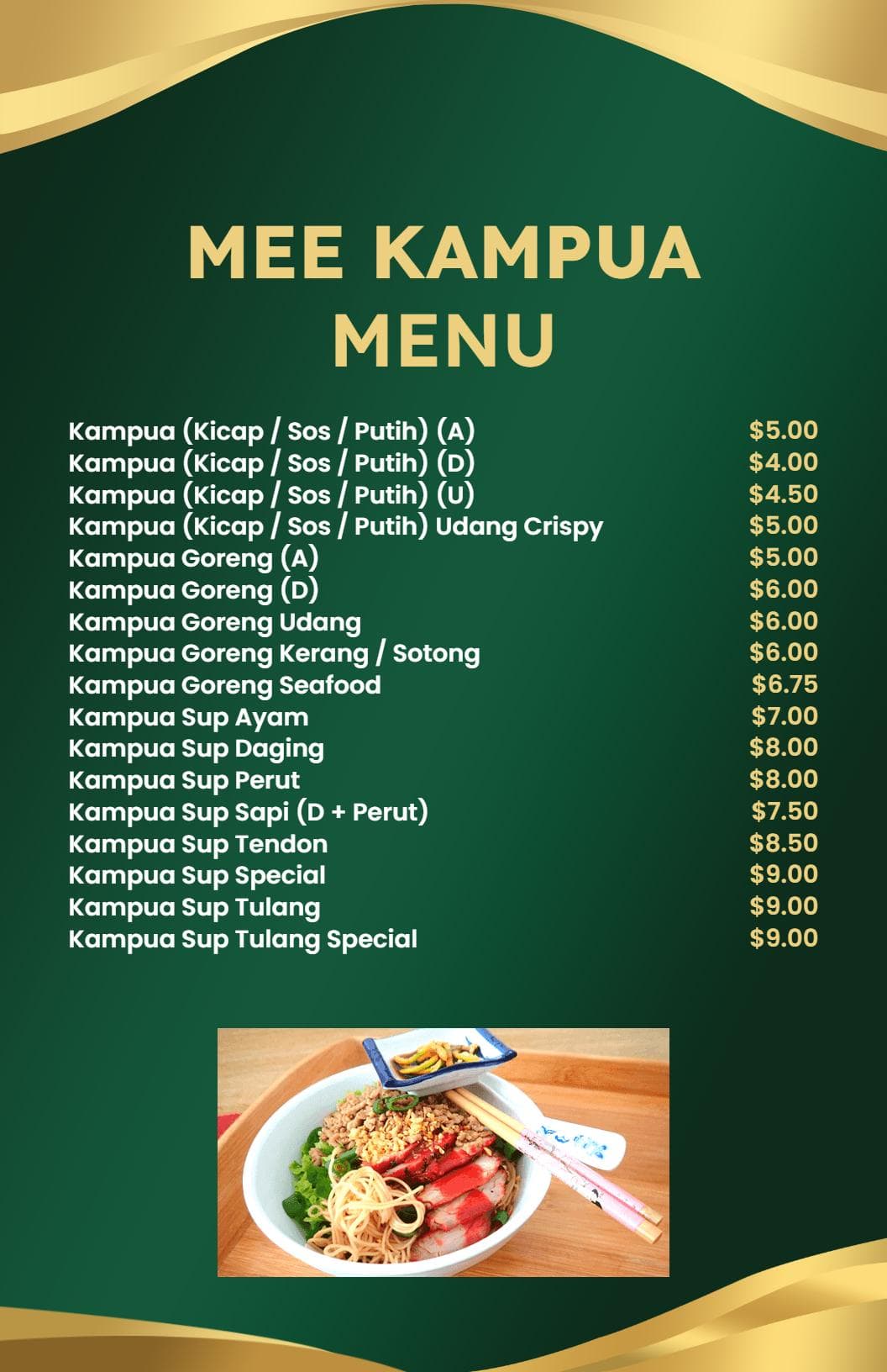 Delicious Kampua Noodles with Seafood and Soup Offerings Menu Template