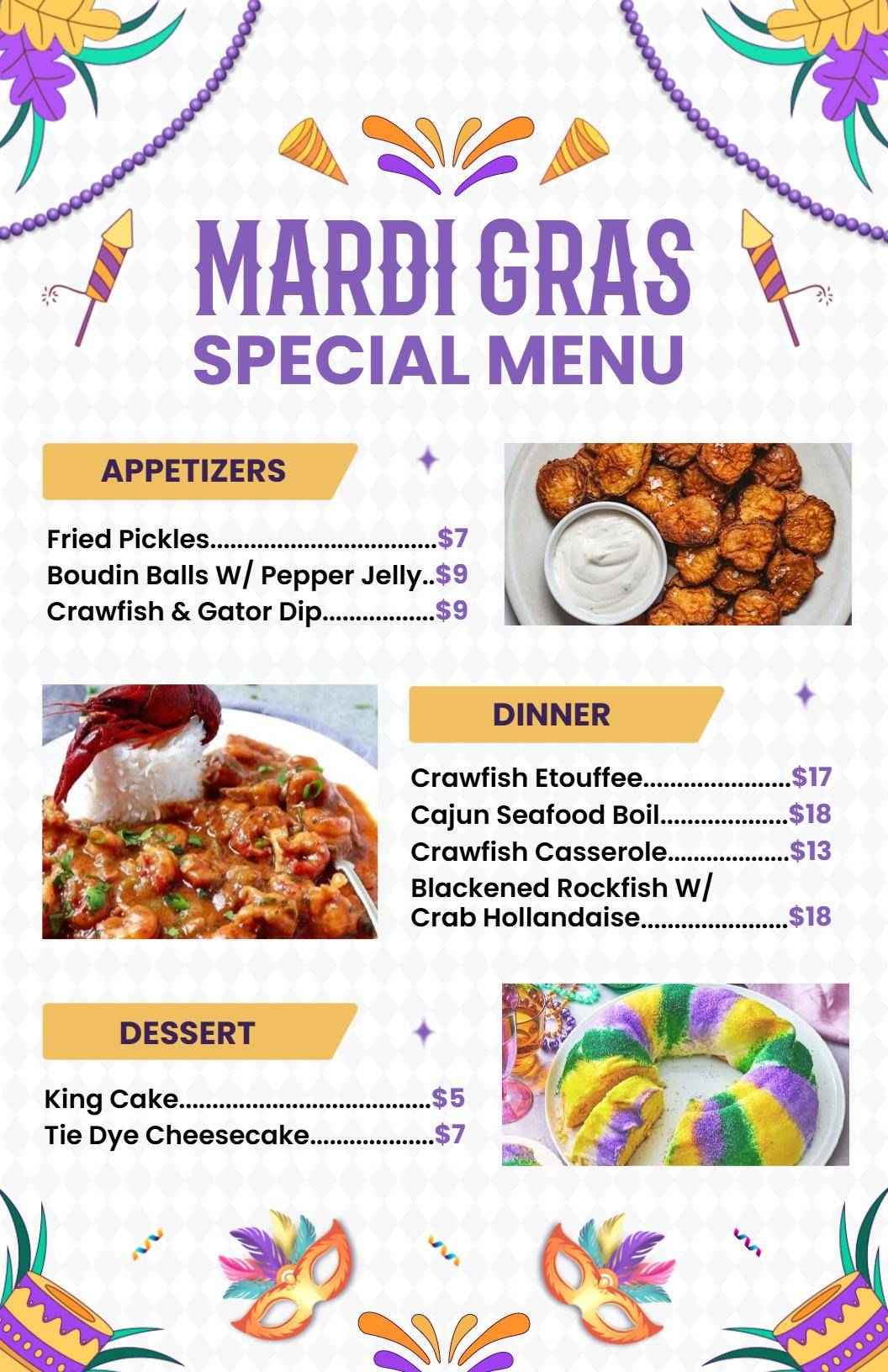 Delicious King Cake and Seafood Boil Specials Mardi Gras Menu Template