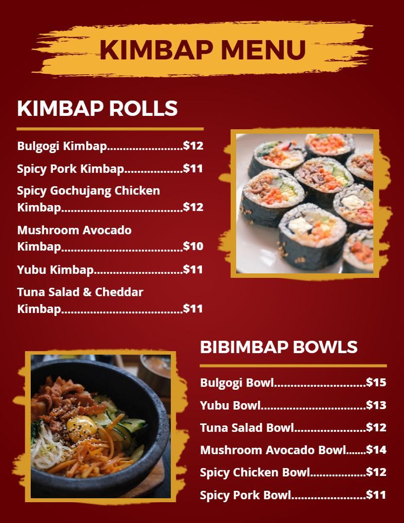 Delicious Korean Kimbap and Bibimbap Bowl Selections Food Menu Template