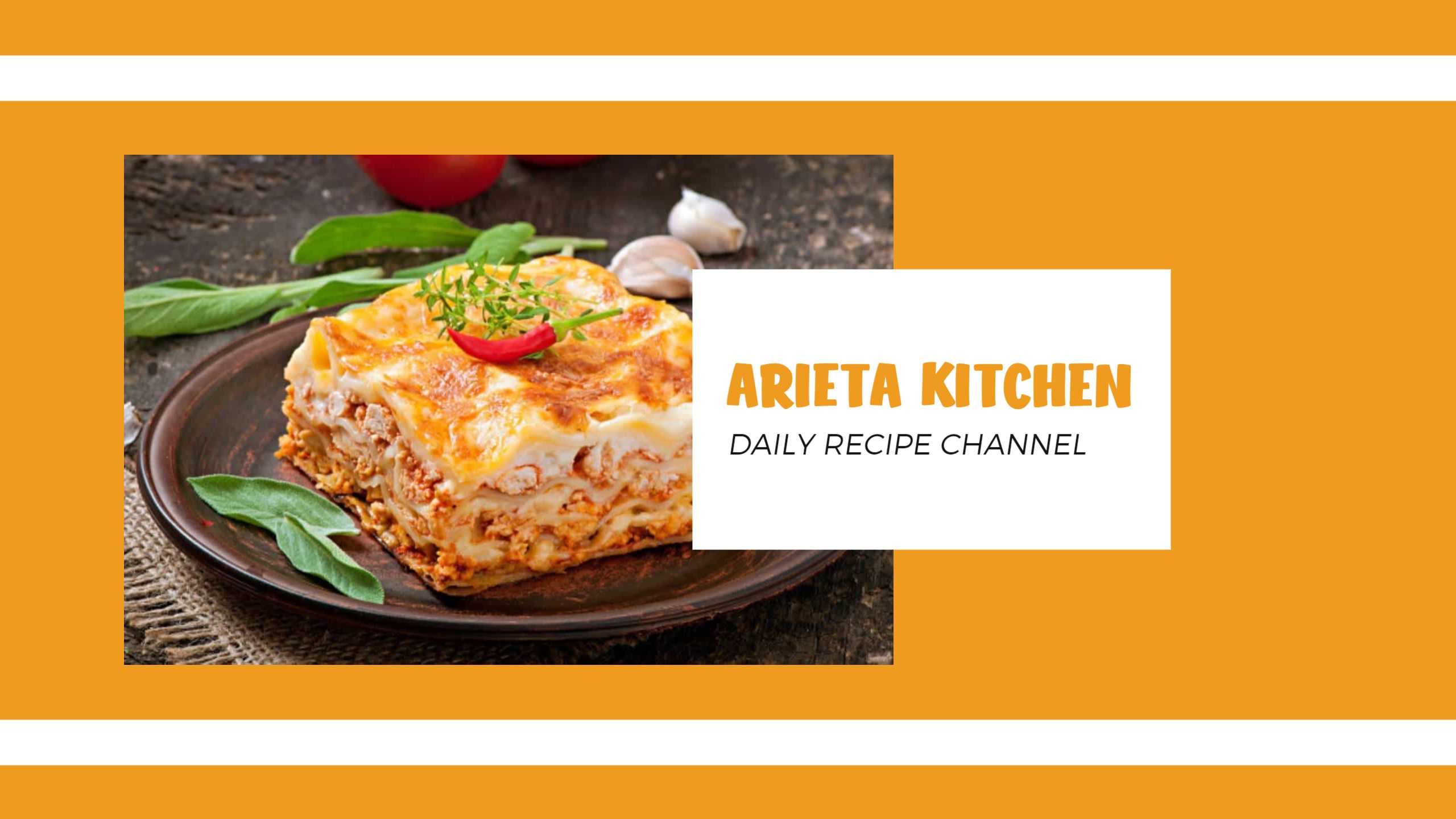 Delicious Lasagna Dish on Orange Background YouTube Banner Template