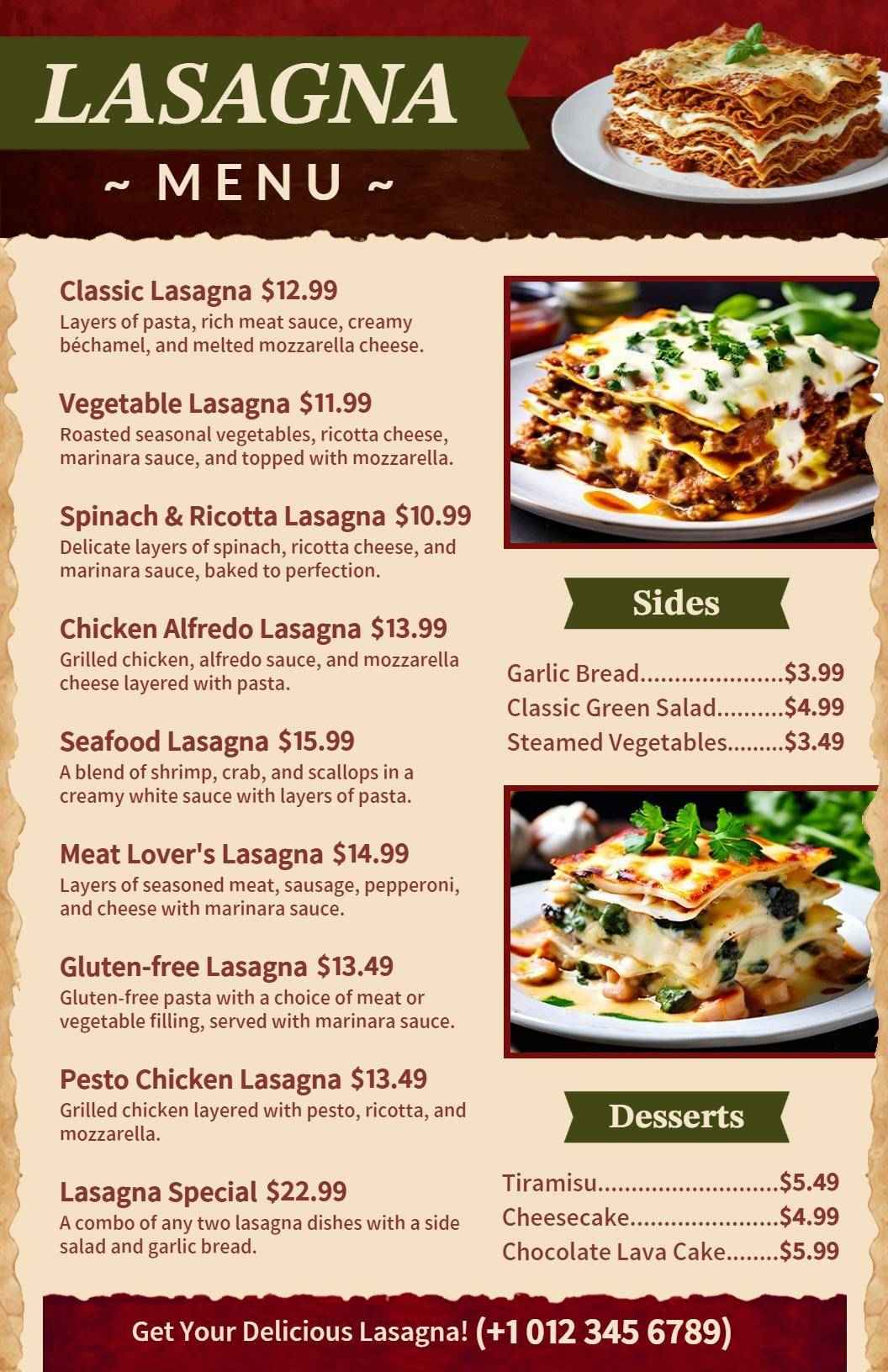 Delicious Lasagna Variations with Enticing Side Dishes Food Menu Template