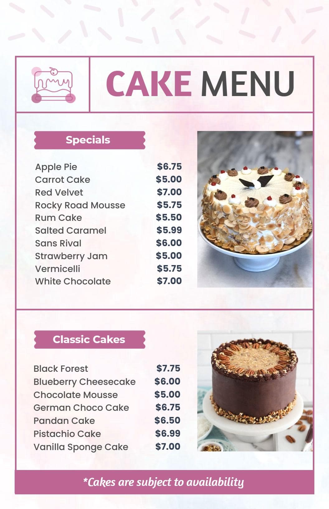 Delicious Layered and Classic Cake Selections for Every Occasion Cake Menu Template