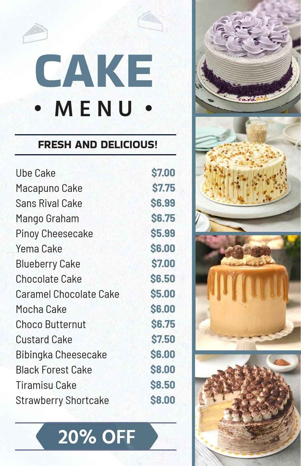 Delicious Layered Cakes and Flavorful Cheesecakes Cake Menu Template