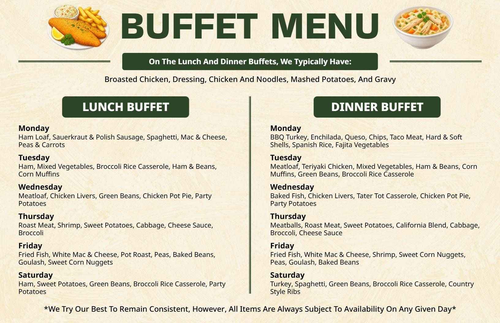 Delicious Lunch and Dinner Offerings with Daily Specials Buffet Menu Template