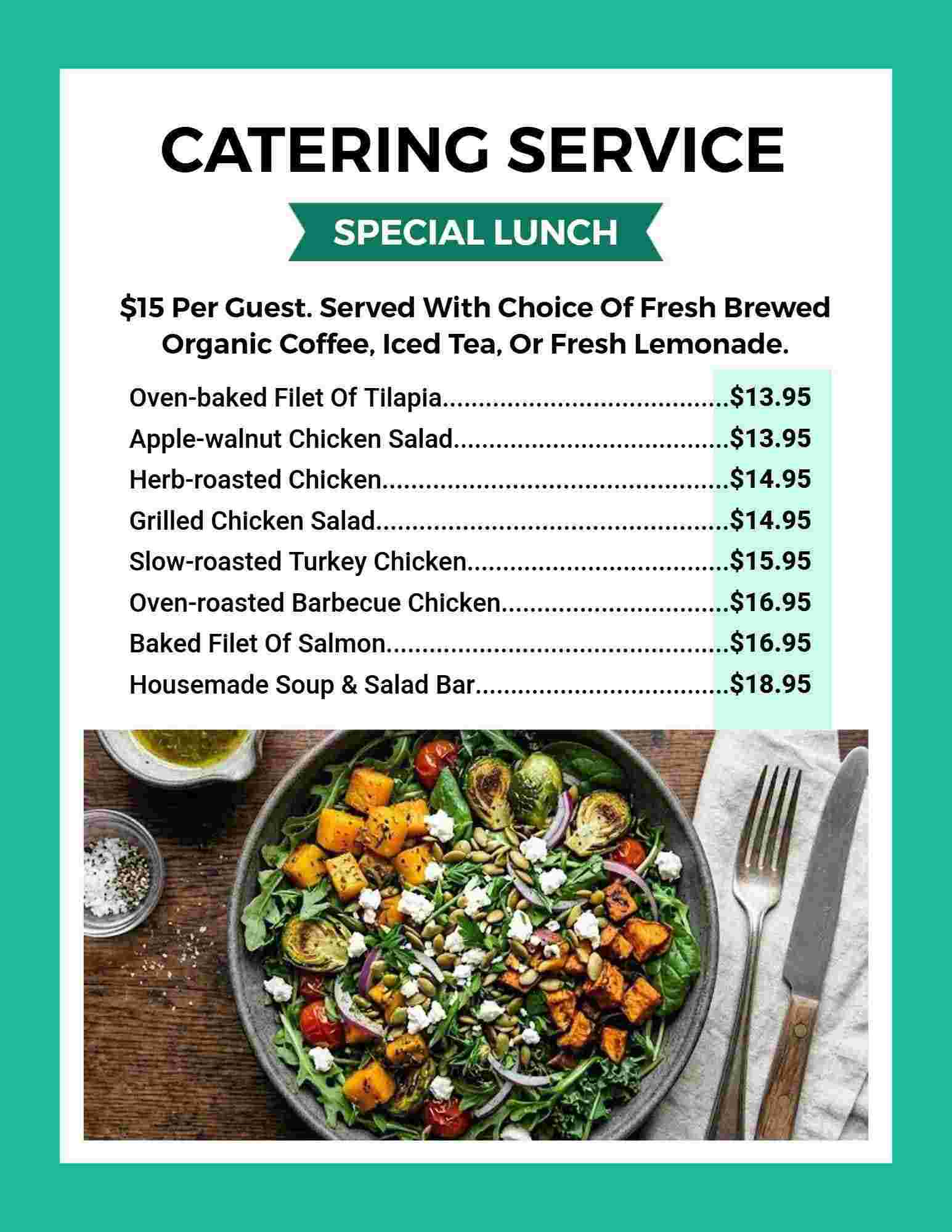 Delicious Lunch Selections with Fresh Salads and Proteins Catering Menu Template