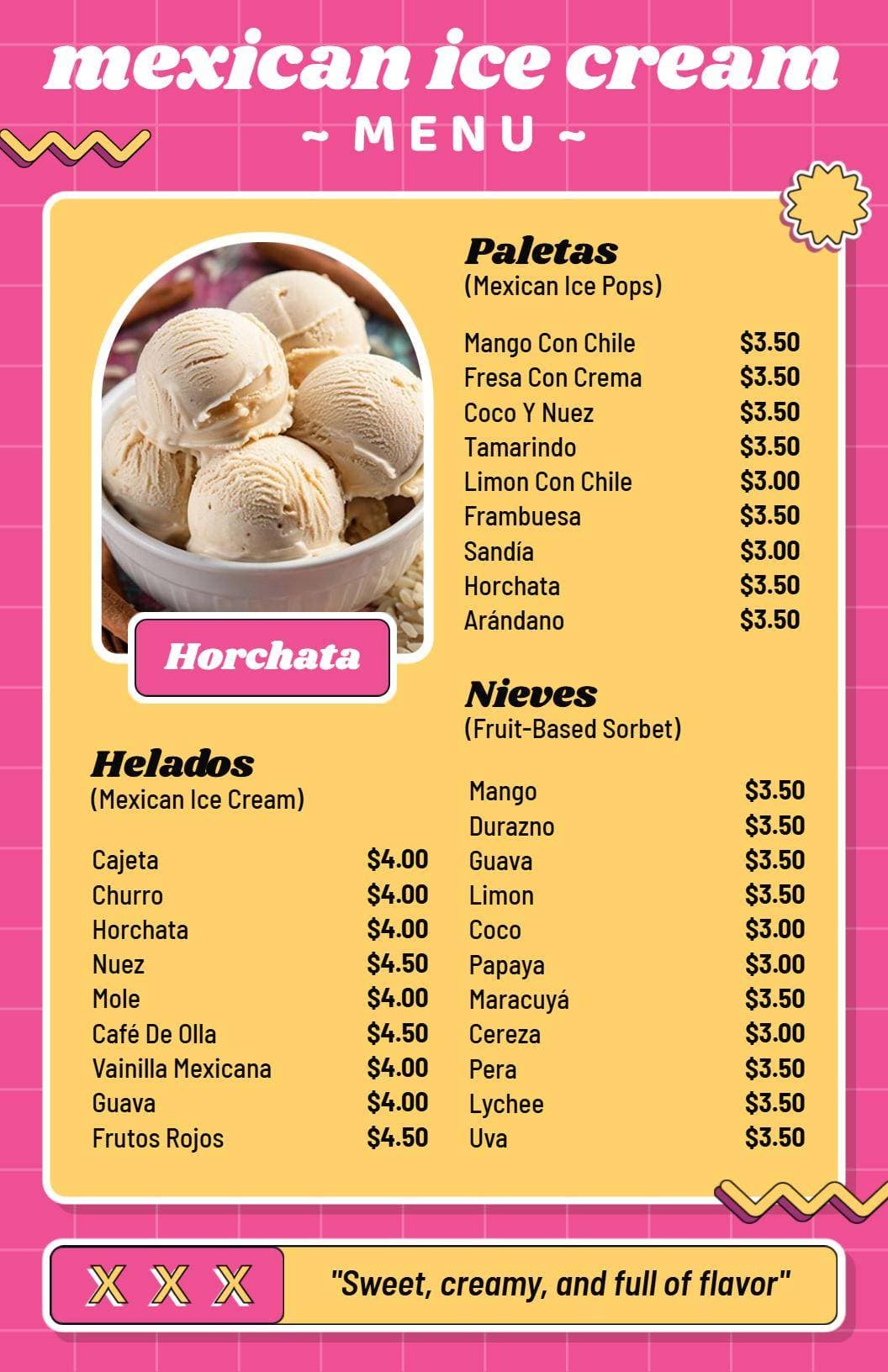 Delicious Mexican Paletas and Ice Cream Flavors Ice Cream Menu Template