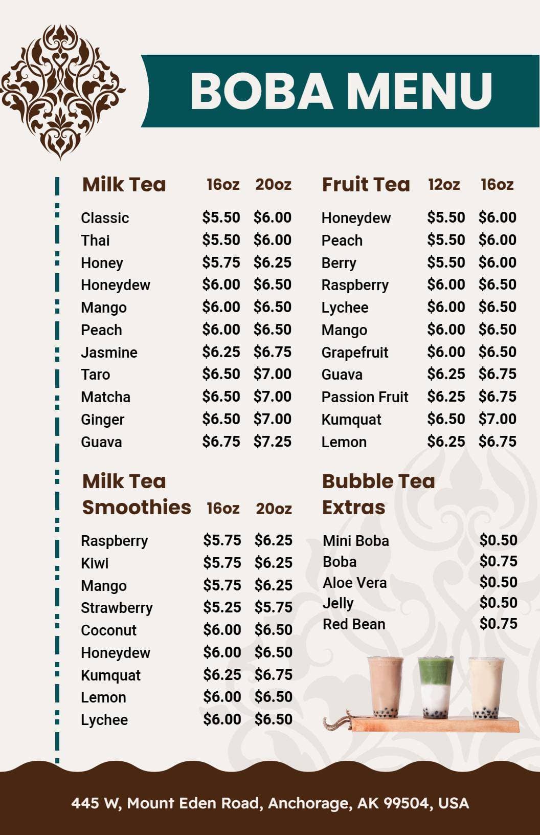 Delicious Milk Tea and Fruit Variations with Extras Boba Menu Template
