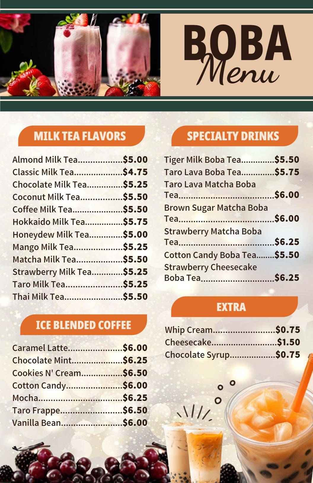 Delicious Milk Tea and Unique Specialty Boba Options Menu Template