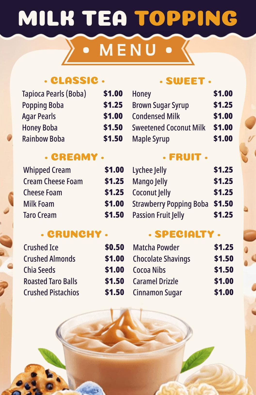 Delicious Milk Tea Toppings Featuring Classic and Sweet Options Boba Menu Template