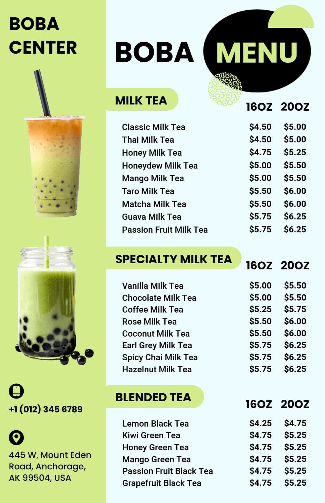 Delicious Milk Teas and Unique Specialty Options Boba Menu Template