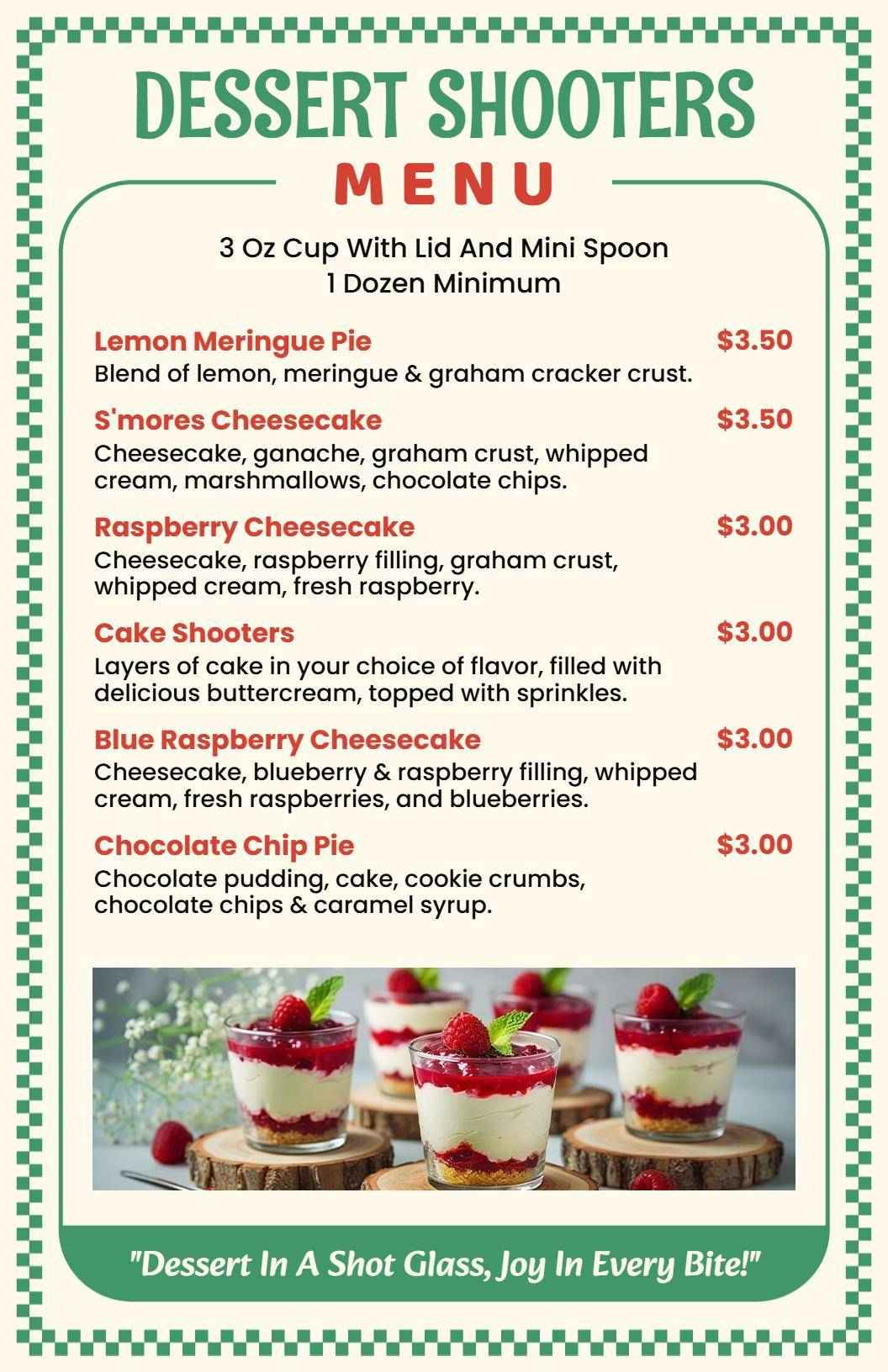 Delicious Mini Dessert Shooters with Unique Flavors Dessert Menu Template