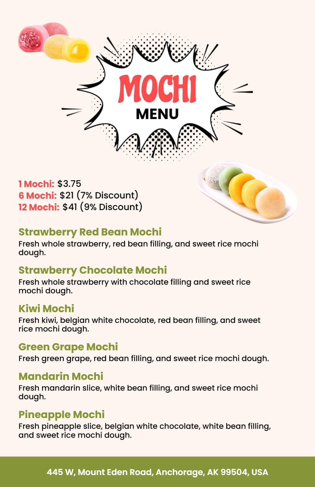 Delicious Mochi Varieties Featuring Sweet Rice and Fillings Dessert Menu Template