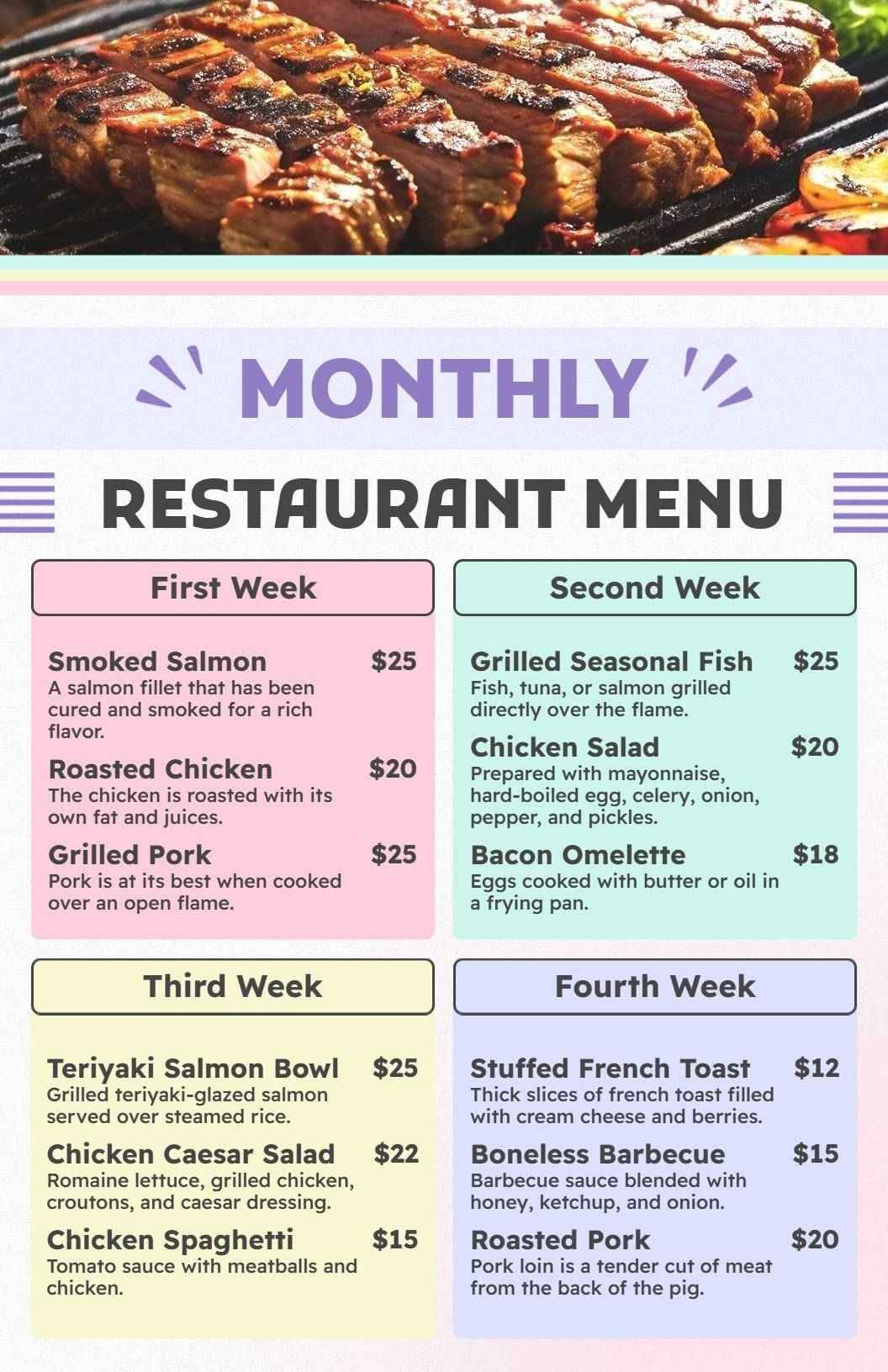 Delicious Monthly Specials Featuring Grilled and Roasted Restaurant Menu Template