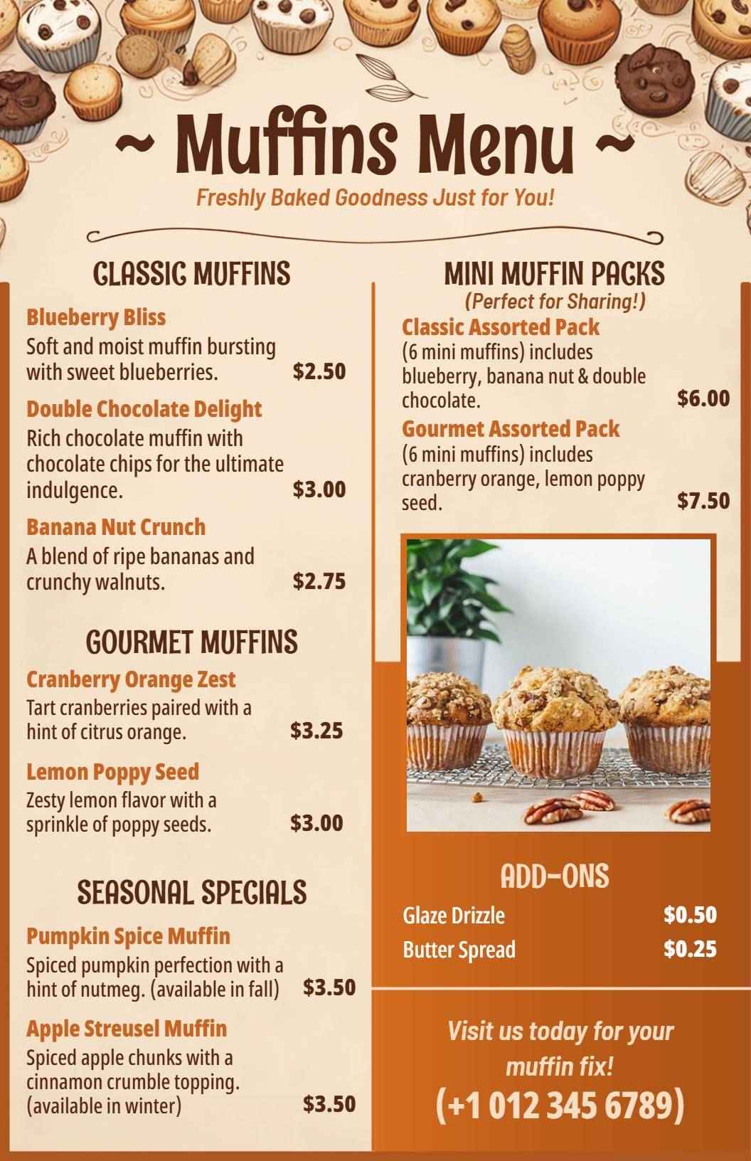Delicious Muffin Selections and Seasonal Specials Bakery Menu Template
