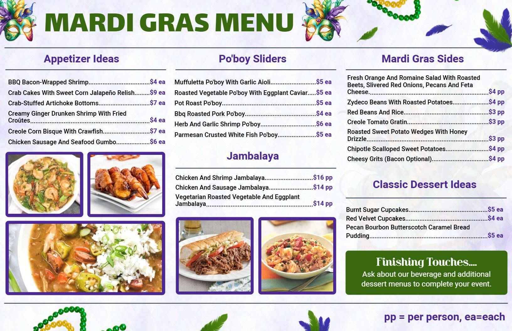 Delicious Muffuletta and Chicken Gumbo Dishes Mardi Gras Menu Template