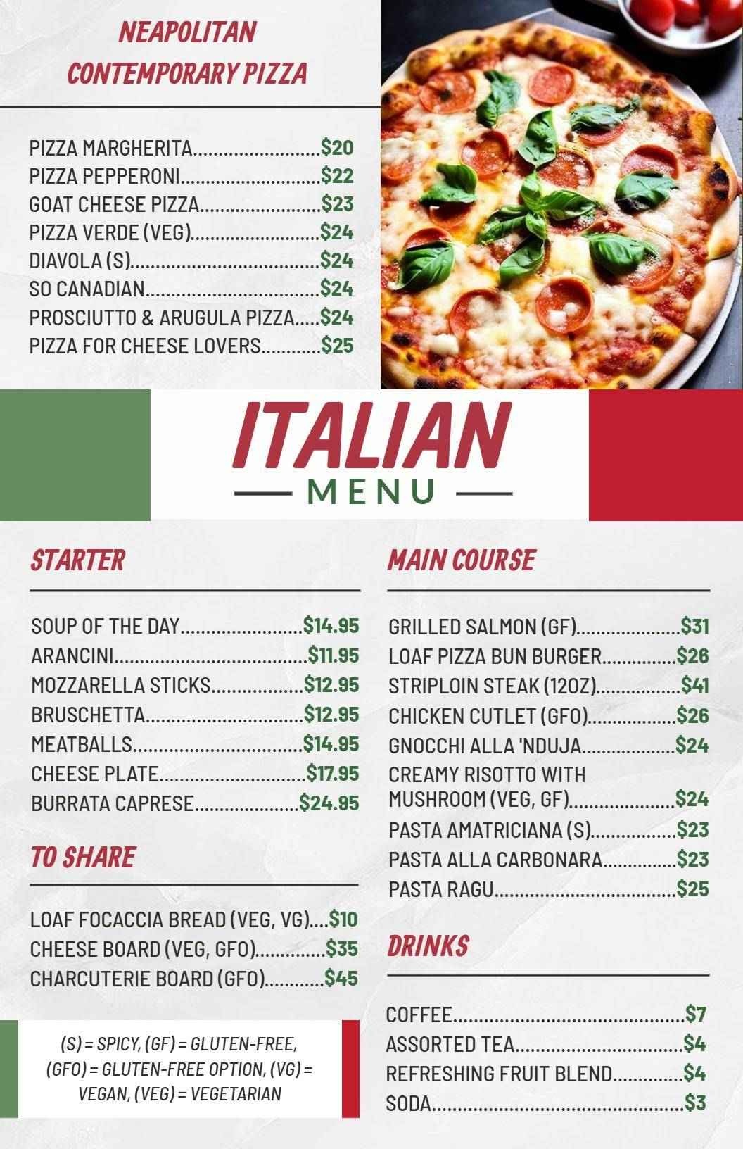 Delicious Neapolitan Pizzas and Traditional Dishes Italian Menu Template