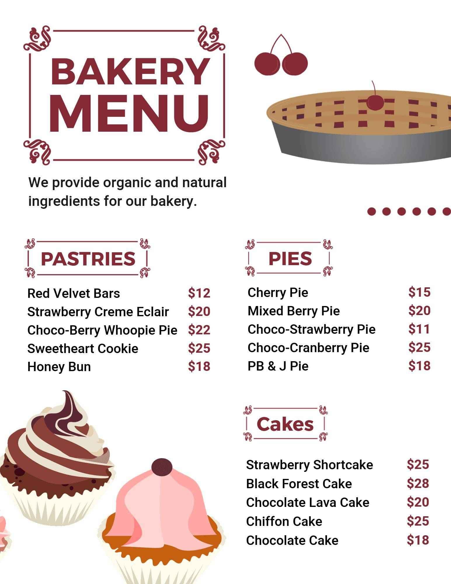 Delicious Organic Pies, Cakes, and Pastries Selection Bakery Menu Template