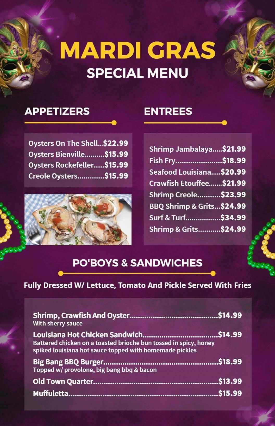Delicious Oyster Creations and Seafood Dishes Mardi Gras Menu Template