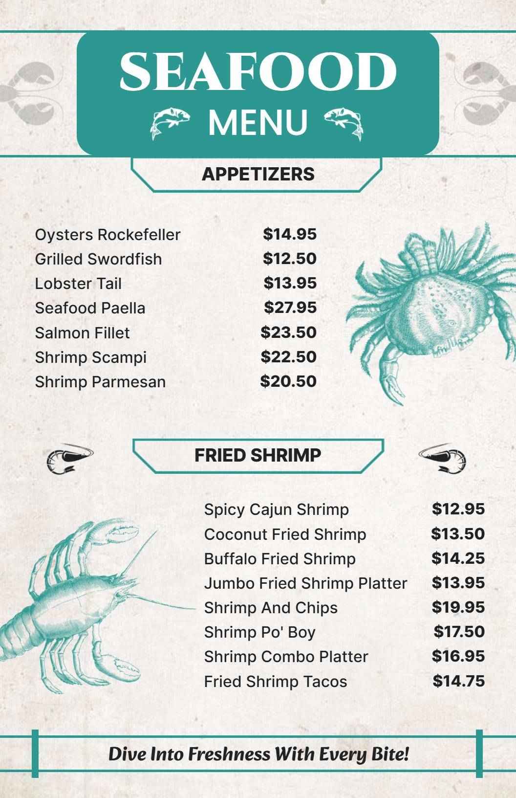 Delicious Oysters and Grilled Seafood Delicacies Seafood Menu Template