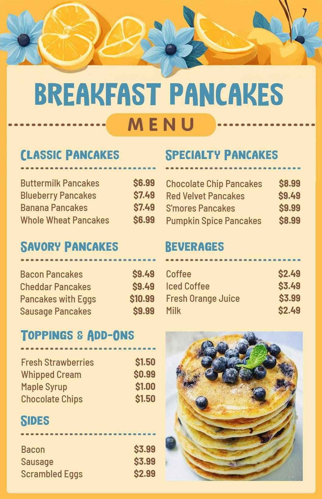 Delicious Pancake Varieties with Toppings and Sides Breakfast Menu Template