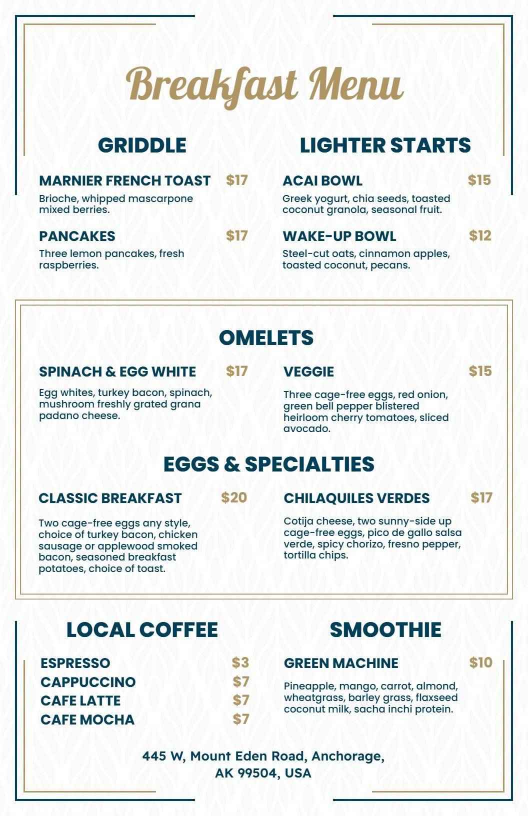 Delicious Pancakes and Nutritious Bowls Breakfast Menu Template