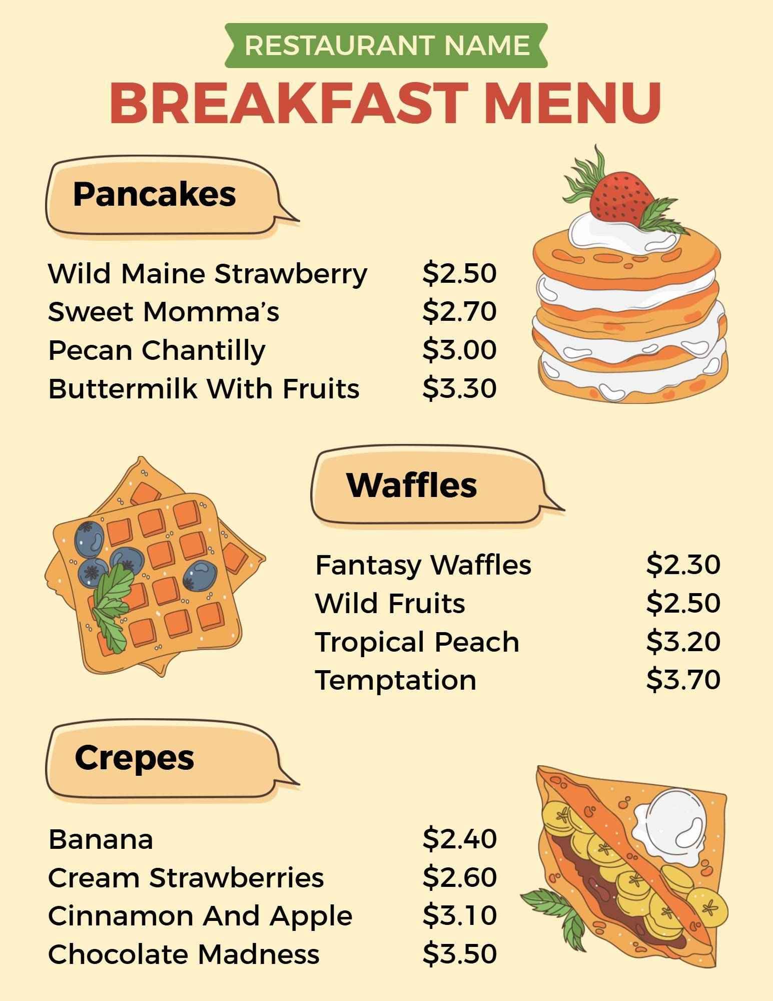 Delicious Pancakes and Waffles with Sweet Crepes Breakfast Menu Template