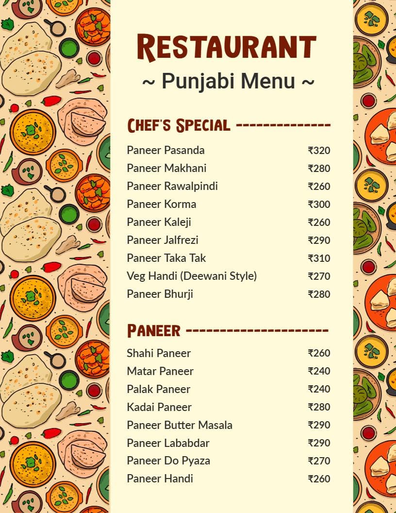 Delicious Paneer Dishes with Spicy Tandoori Options Indian Cuisine Menu Template