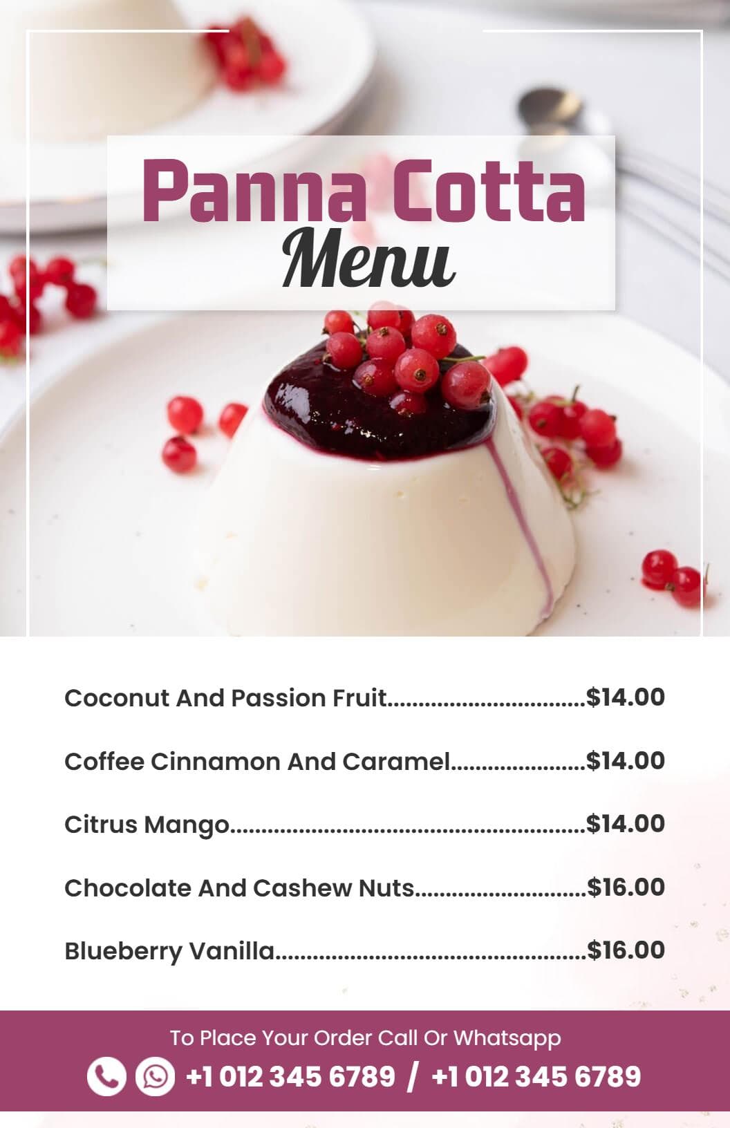 Delicious Panna Cotta Flavors Featuring Fruit and Nuts Dessert Menu Template